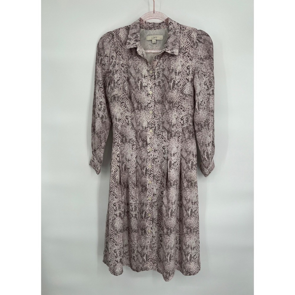 LOFT Snakeskin Print Shirt Dress Pleated Career Casual Long Sleeve 2P
